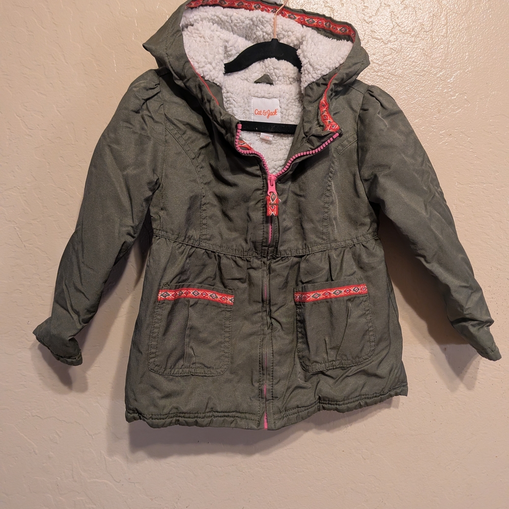 Cat & Jack Olive Kids Puffer with Pink Trim